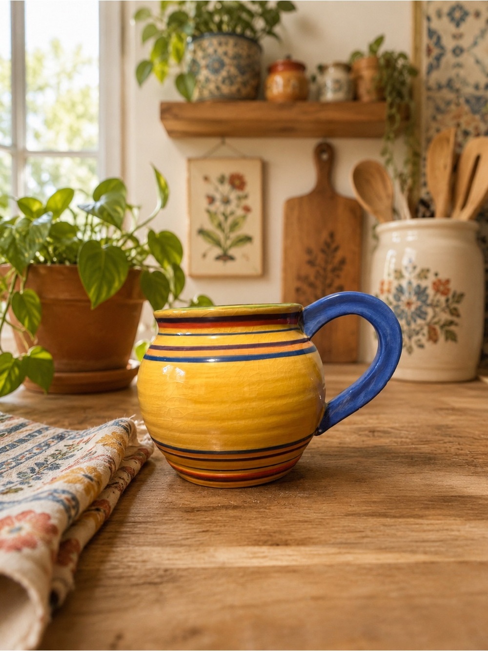 💛 Handcrafted Yellow & Blue Striped Ceramic Coffee Mug | Boho Pottery Cup